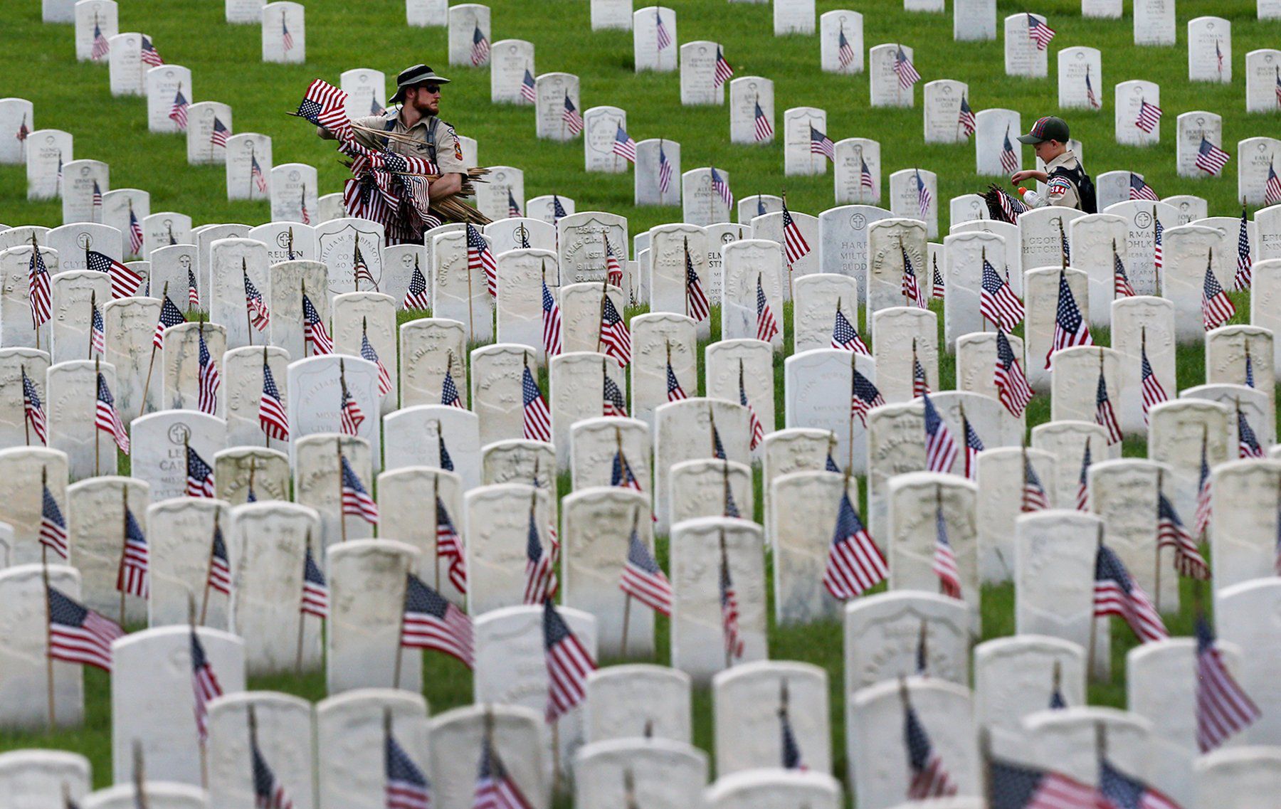 Scouts place flags in Jefferson Barracks on Memorial Day